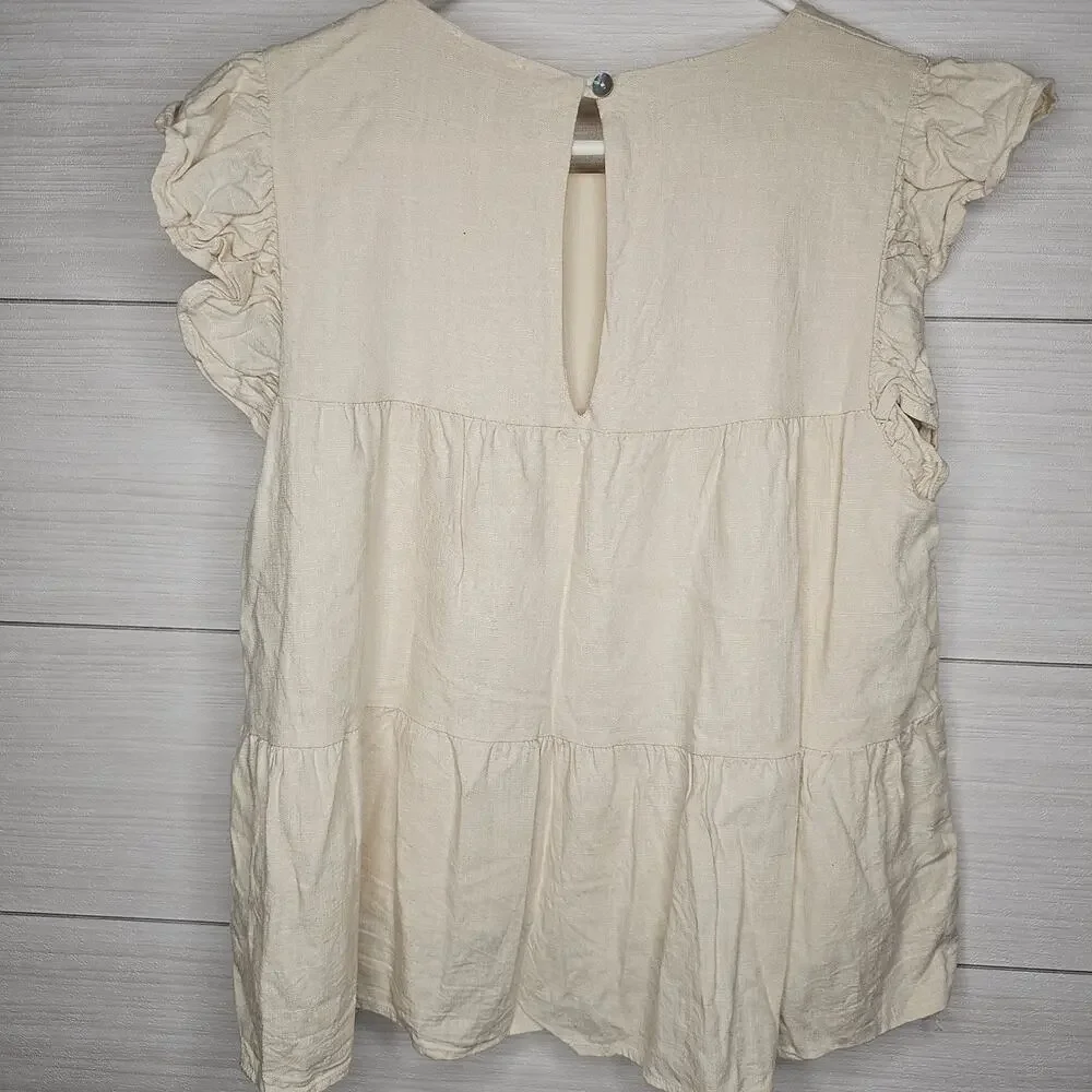 Pink Lily Cream Tiered Ruffle Cap Sleeve Babydoll Top Blouse Womens Medium - Picture 7 of 7
